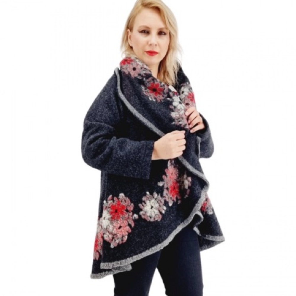 Charlotte & Louis Flocked Wool Cardigan Sweater Women’s Size M Open Front Boho
